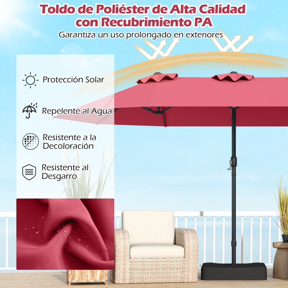 Sombrilla Grande Doble con Base Parasol Exterior Rectangular con Manivela 470 x 285 x 261 cm-Rojo