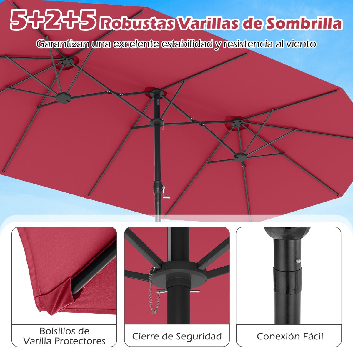Sombrilla Grande Doble con Base Parasol Exterior Rectangular con Manivela 470 x 285 x 261 cm-Rojo