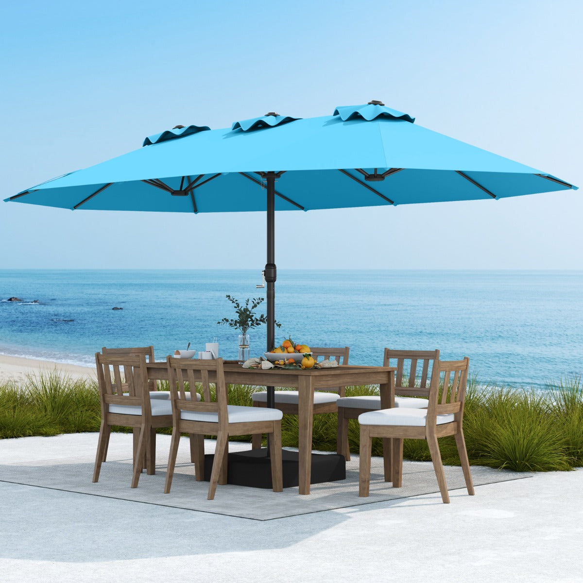 Sombrilla Grande Doble con Base Parasol Exterior Rectangular con Manivela 470 x 285 x 261 cm-Turquesa