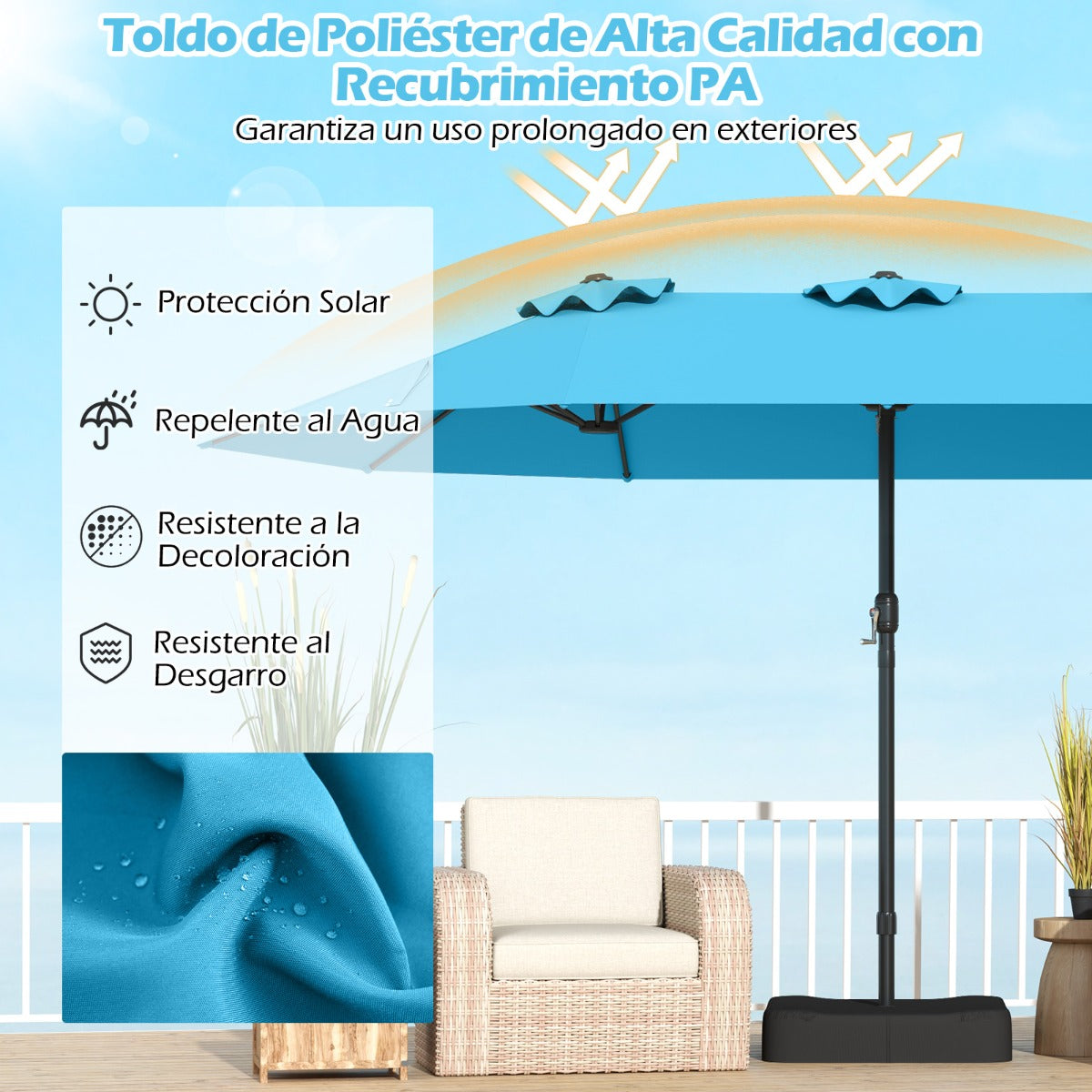 Sombrilla Grande Doble con Base Parasol Exterior Rectangular con Manivela 470 x 285 x 261 cm-Turquesa