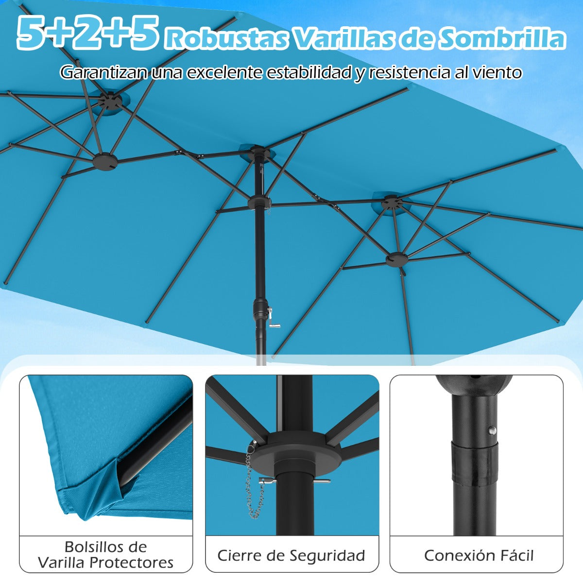 Sombrilla Grande Doble con Base Parasol Exterior Rectangular con Manivela 470 x 285 x 261 cm-Turquesa