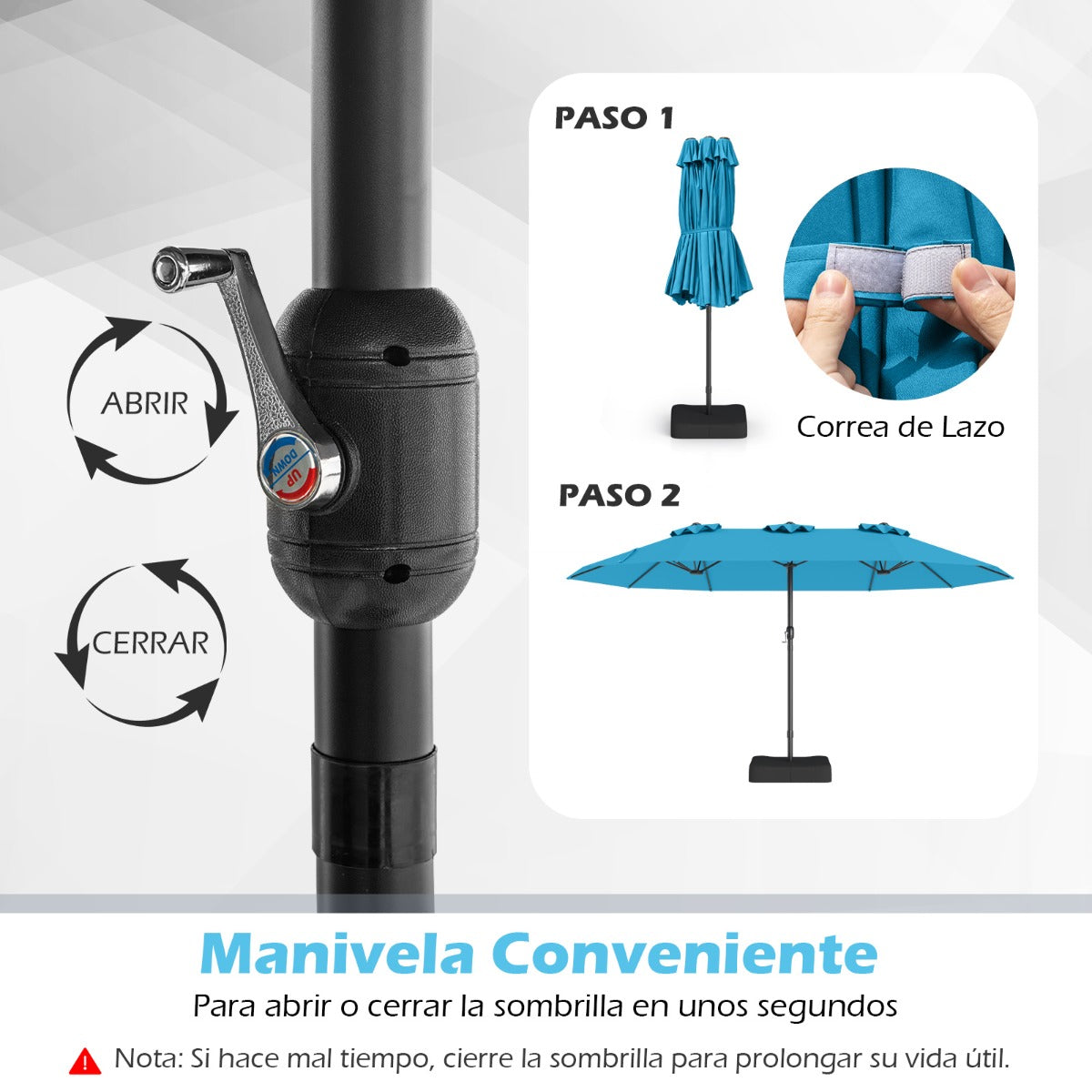 Sombrilla Grande Doble con Base Parasol Exterior Rectangular con Manivela 470 x 285 x 261 cm-Turquesa