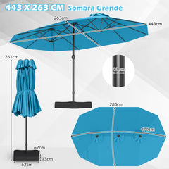 Sombrilla Grande Doble con Base Parasol Exterior Rectangular con Manivela 470 x 285 x 261 cm-Turquesa