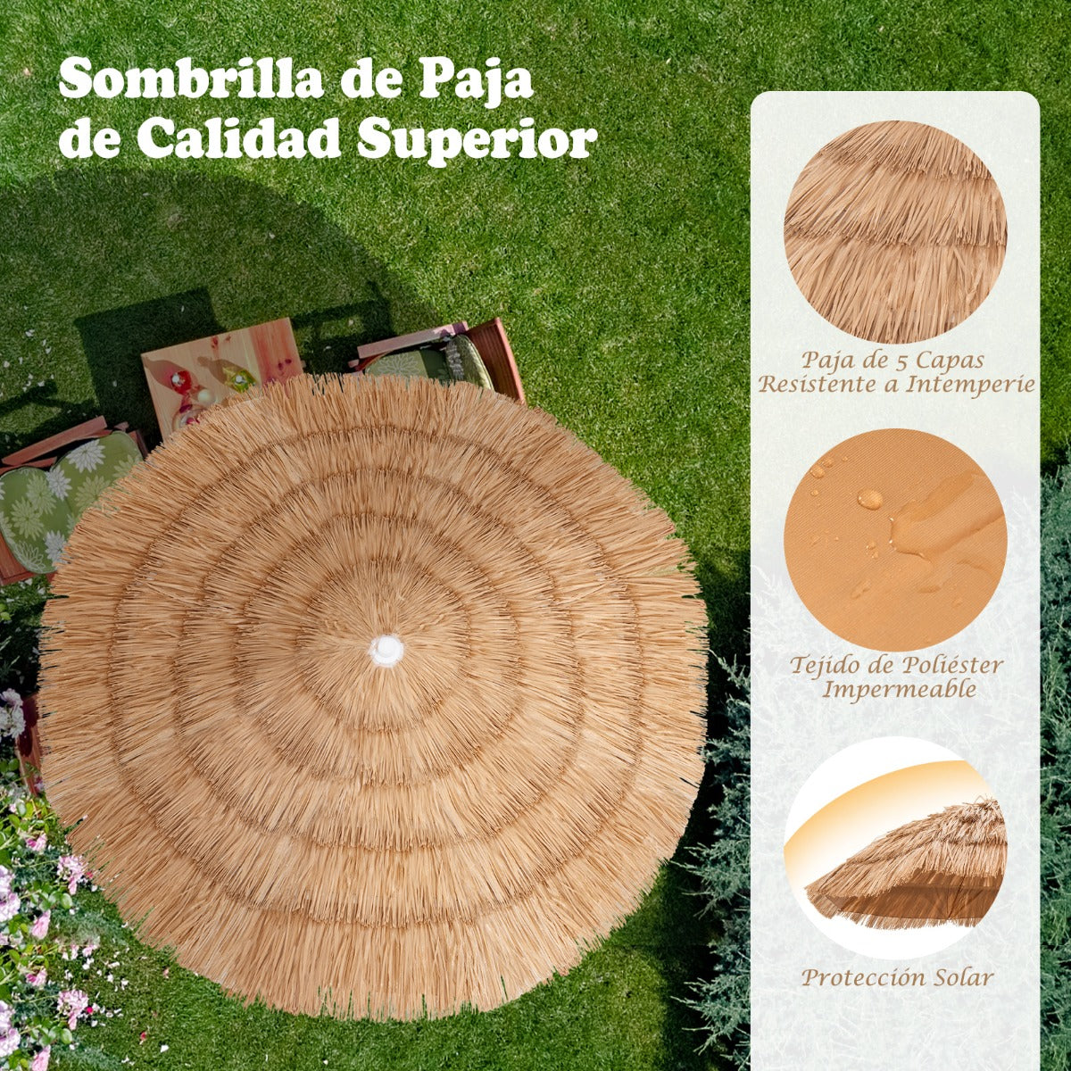 Sombrilla de Paja PP Ø175cm Sombrilla Playa Hawaiana con 8 Costillas Parasol Inclinable 45° Alrura Ajustable Exterior Patio Terraza Piscina