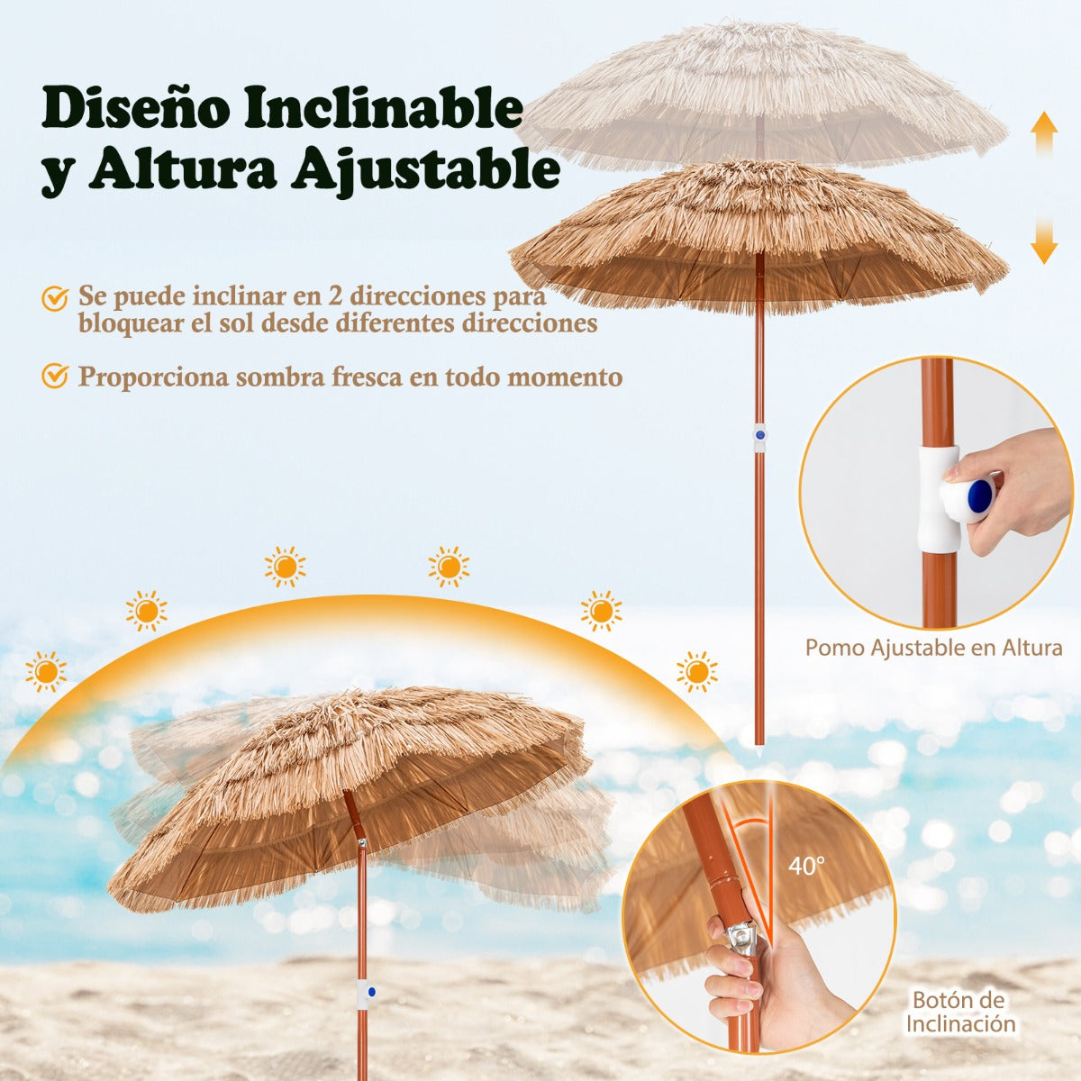 Sombrilla de Paja PP Ø175cm Sombrilla Playa Hawaiana con 8 Costillas Parasol Inclinable 45° Alrura Ajustable Exterior Patio Terraza Piscina
