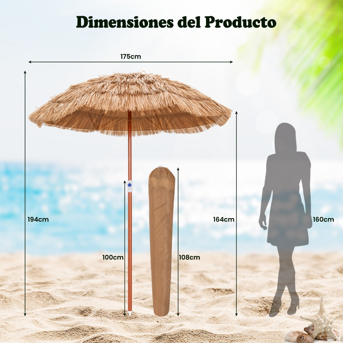 Sombrilla de Paja PP Ø175cm Sombrilla Playa Hawaiana con 8 Costillas Parasol Inclinable 45° Alrura Ajustable Exterior Patio Terraza Piscina