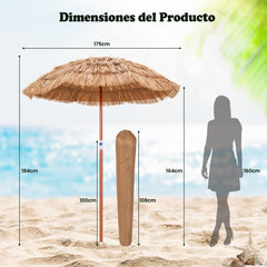 Sombrilla de Paja PP Ø175cm Sombrilla Playa Hawaiana con 8 Costillas Parasol Inclinable 45° Alrura Ajustable Exterior Patio Terraza Piscina