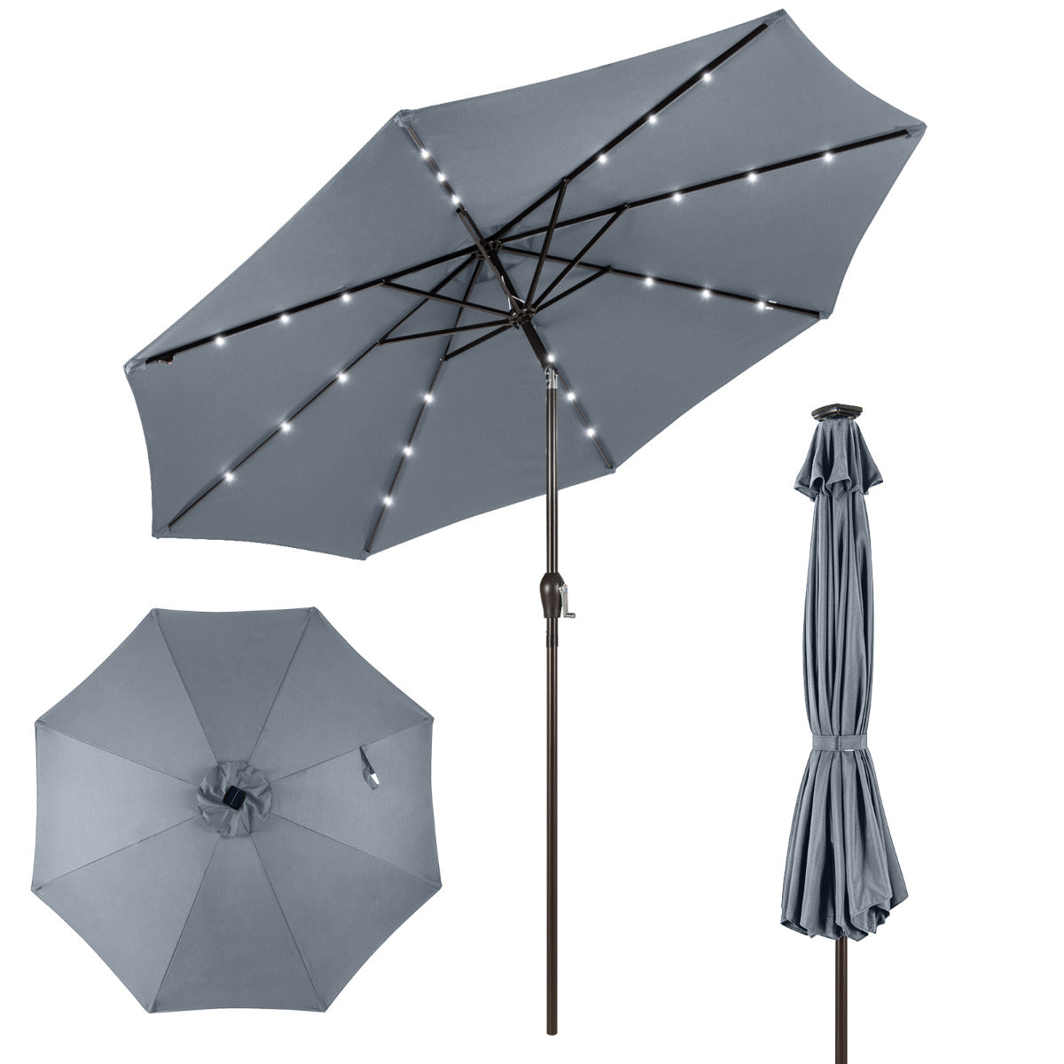 3M Sombrilla Solar de Playa Plegable con 24 Luces LED Parasol Inclinable con Manivela 8 Costillas para Jardín Patio Balcón Gris