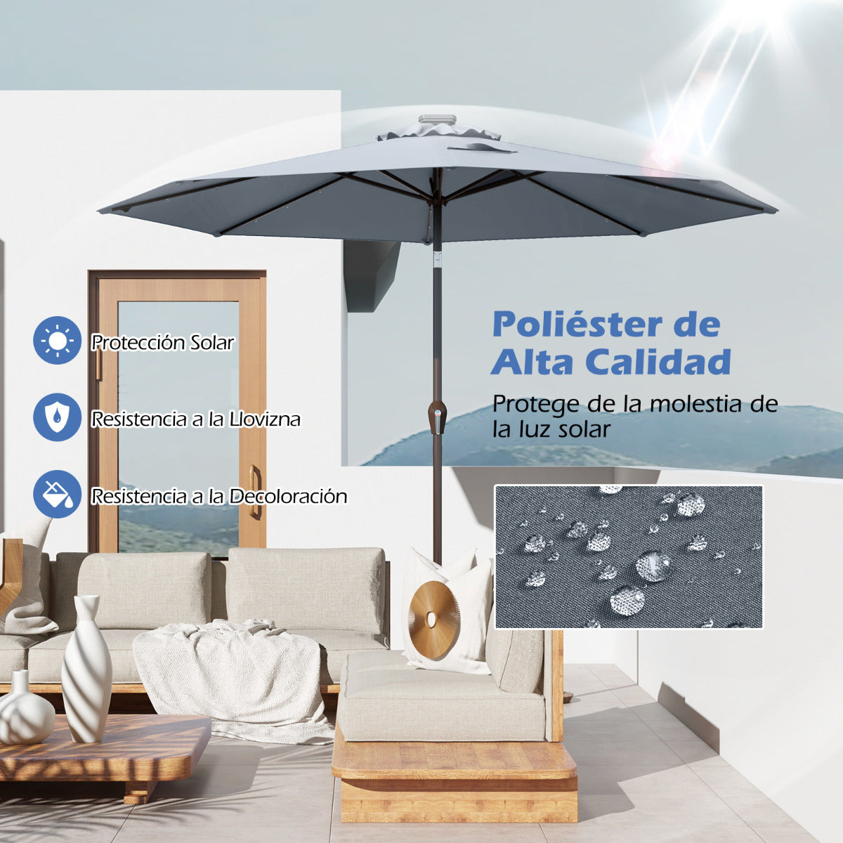 3M Sombrilla Solar de Playa Plegable con 24 Luces LED Parasol Inclinable con Manivela 8 Costillas para Jardín Patio Balcón Gris