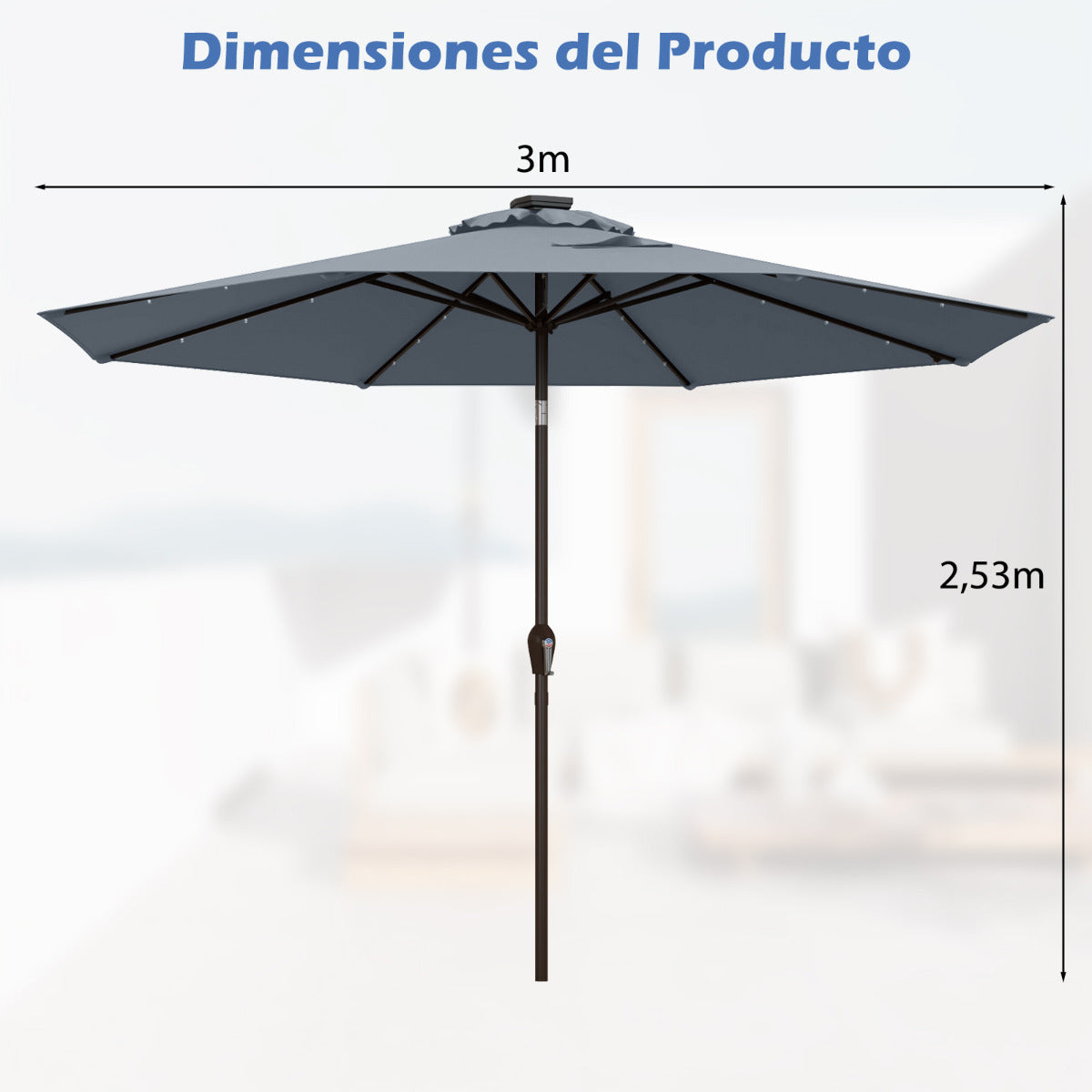 3M Sombrilla Solar de Playa Plegable con 24 Luces LED Parasol Inclinable con Manivela 8 Costillas para Jardín Patio Balcón Gris