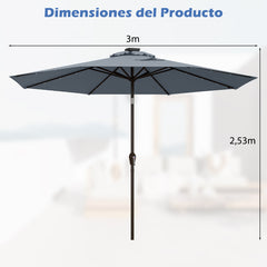3M Sombrilla Solar de Playa Plegable con 24 Luces LED Parasol Inclinable con Manivela 8 Costillas para Jardín Patio Balcón Gris