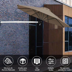 Sombrilla de Jardín y Patio Montada en Pared de 247 cm Paragua Plegable con Poste Ajustable Sombrilla Inclinable Resistente Viento Marrón