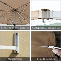 Sombrilla de Jardín y Patio Montada en Pared de 247 cm Paragua Plegable con Poste Ajustable Sombrilla Inclinable Resistente Viento Marrón