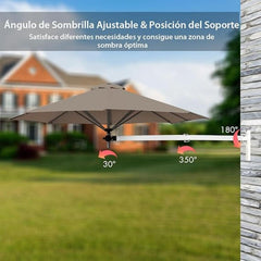 Sombrilla de Jardín y Patio Montada en Pared de 247 cm Paragua Plegable con Poste Ajustable Sombrilla Inclinable Resistente Viento Marrón