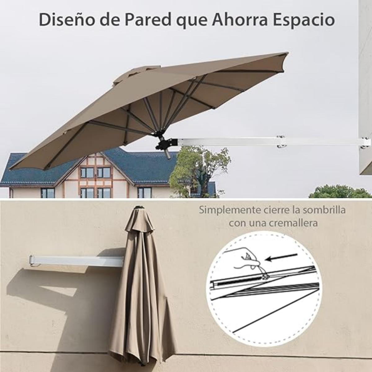 Sombrilla de Jardín y Patio Montada en Pared de 247 cm Paragua Plegable con Poste Ajustable Sombrilla Inclinable Resistente Viento Marrón