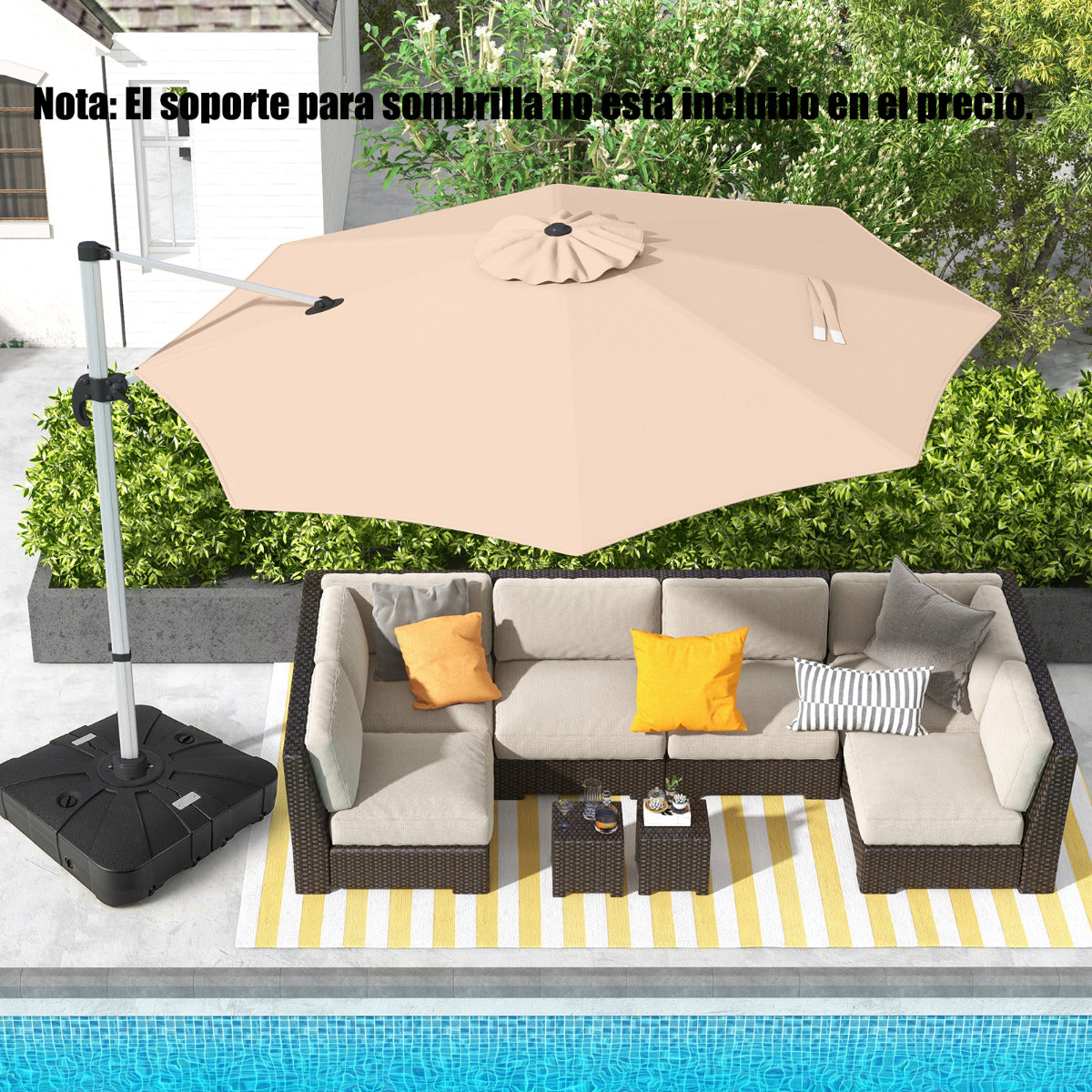 Sombrilla Redonda de Aluminio de 339 cm con Rotación de 360° Inclinación Ajustable Resistente Viento para Patio Piscina Terraza Beige