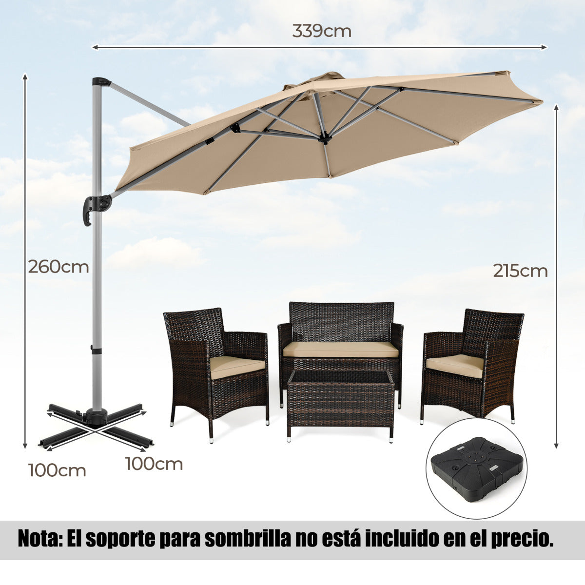 Sombrilla Redonda de Aluminio de 339 cm con Rotación de 360° Inclinación Ajustable Resistente Viento para Patio Piscina Terraza Beige