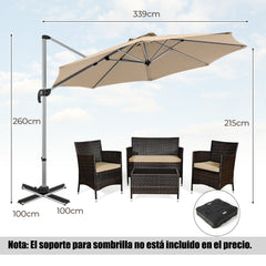 Sombrilla Redonda de Aluminio de 339 cm con Rotación de 360° Inclinación Ajustable Resistente Viento para Patio Piscina Terraza Beige