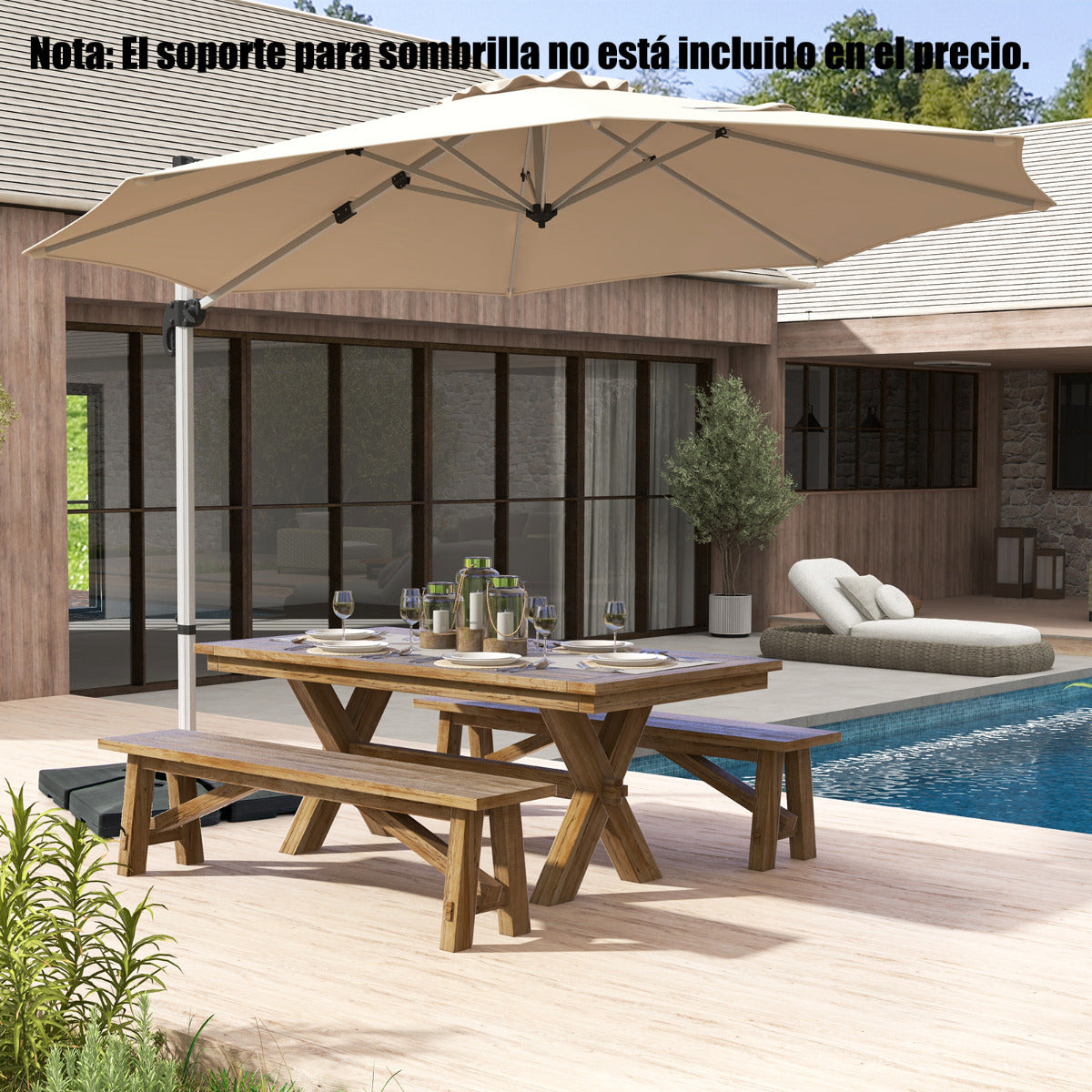 Sombrilla Redonda de Aluminio de 339 cm con Rotación de 360° Inclinación Ajustable Resistente Viento para Patio Piscina Terraza Beige