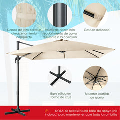 Sombrilla 300 cm para Patio con Manivela 3 Inclinaciones Rotación a 360° 8 Varillas Base Cruzada Parasol de Exterior Beige