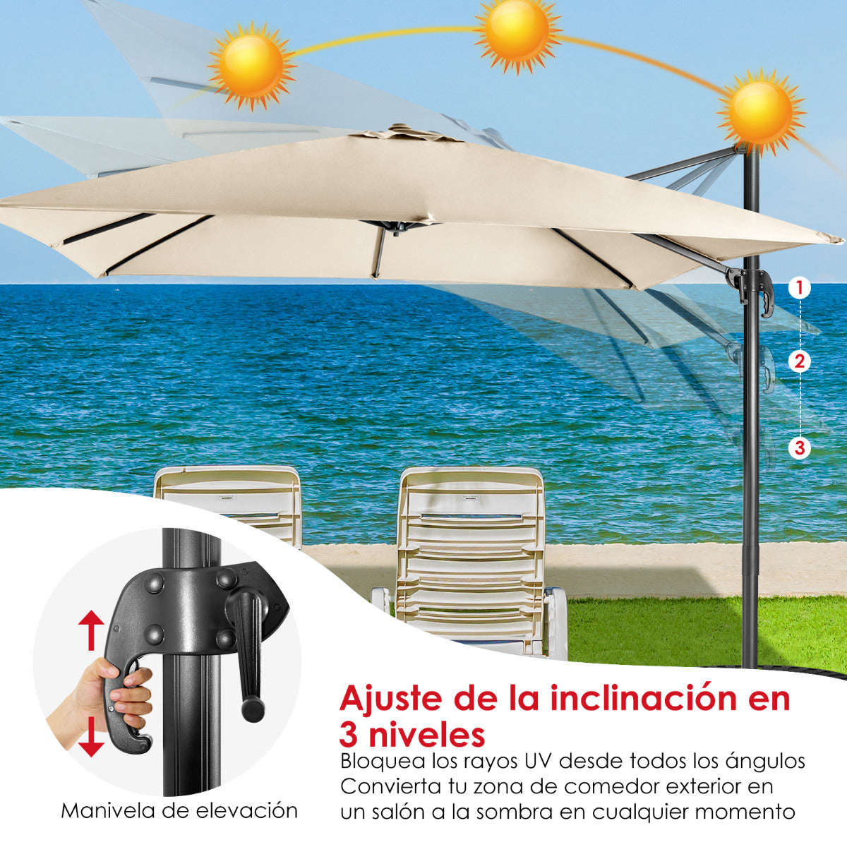 Sombrilla 300 cm para Patio con Manivela 3 Inclinaciones Rotación a 360° 8 Varillas Base Cruzada Parasol de Exterior Beige