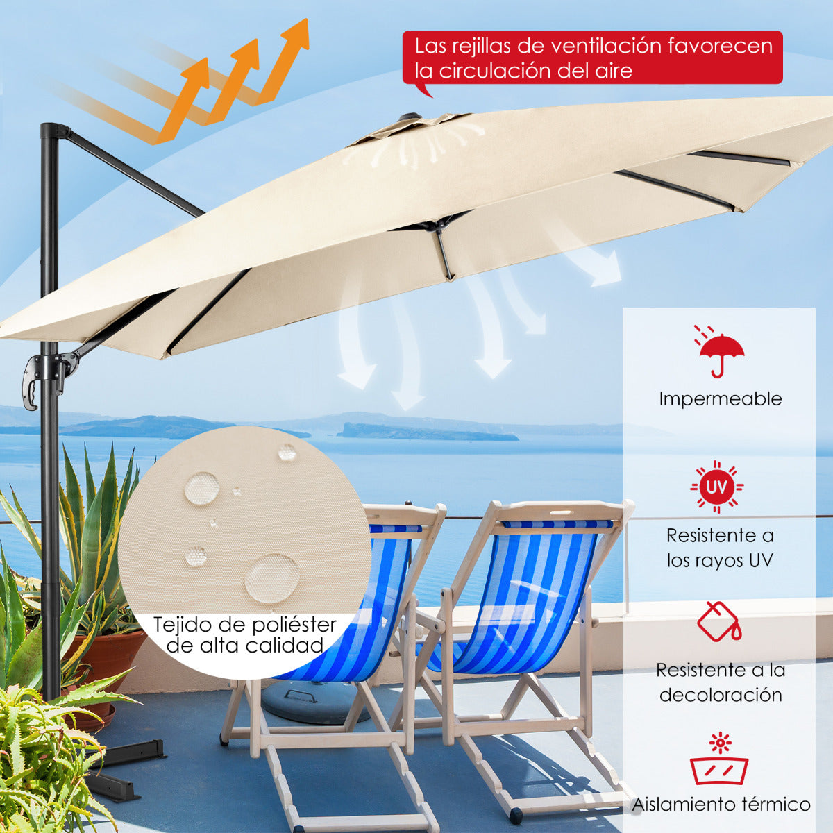 Sombrilla 300 cm para Patio con Manivela 3 Inclinaciones Rotación a 360° 8 Varillas Base Cruzada Parasol de Exterior Beige