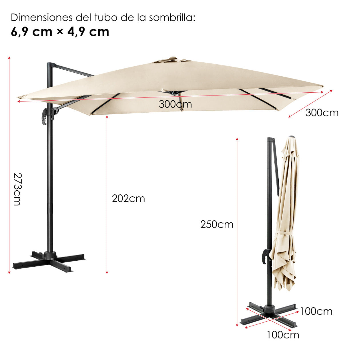 Sombrilla 300 cm para Patio con Manivela 3 Inclinaciones Rotación a 360° 8 Varillas Base Cruzada Parasol de Exterior Beige