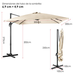 Sombrilla 300 cm para Patio con Manivela 3 Inclinaciones Rotación a 360° 8 Varillas Base Cruzada Parasol de Exterior Beige