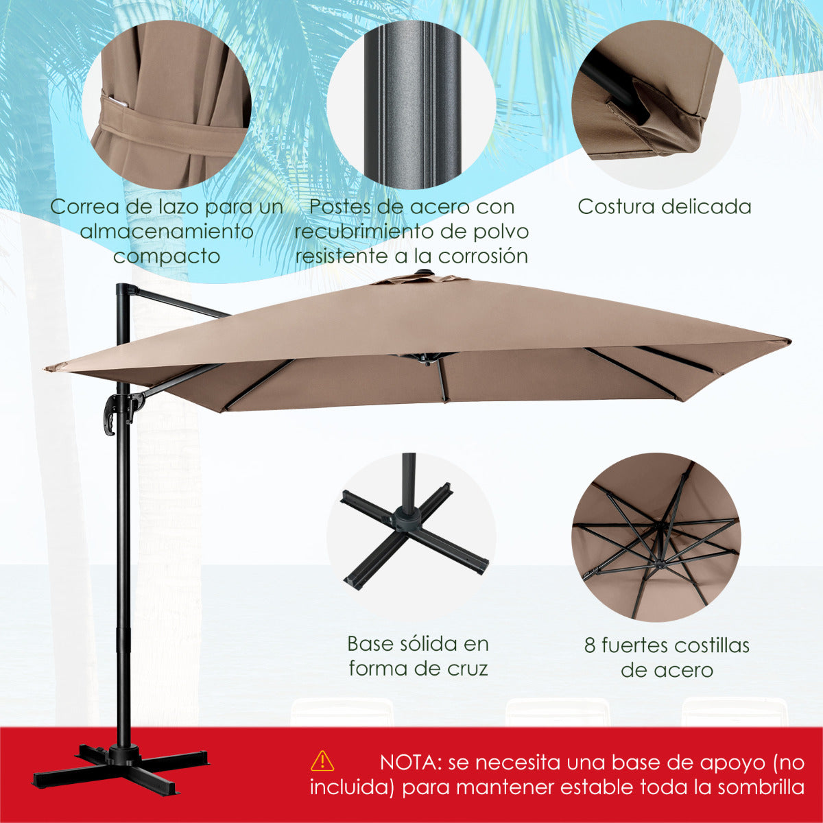 Sombrilla 300 cm para Patio con Manivela 3 Inclinaciones Rotación a 360° 8 Varillas Base Cruzada Parasol de Exterior Café