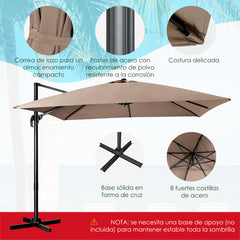 Sombrilla 300 cm para Patio con Manivela 3 Inclinaciones Rotación a 360° 8 Varillas Base Cruzada Parasol de Exterior Café