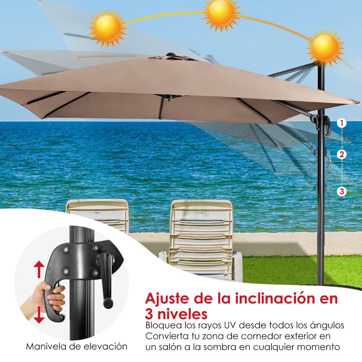 Sombrilla 300 cm para Patio con Manivela 3 Inclinaciones Rotación a 360° 8 Varillas Base Cruzada Parasol de Exterior Café