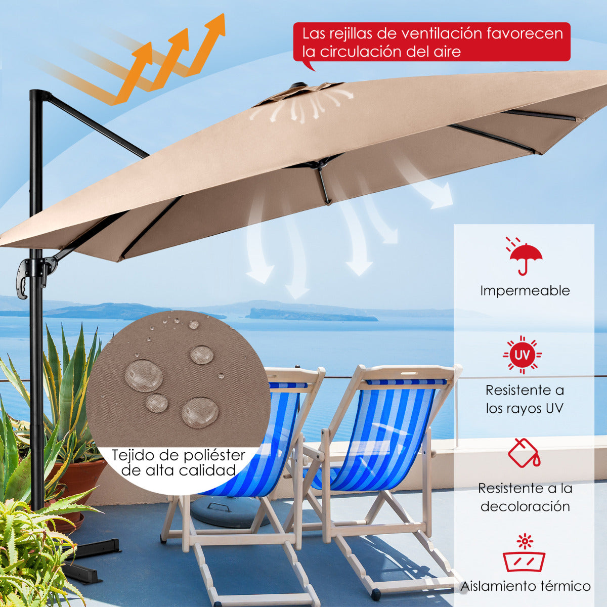 Sombrilla 300 cm para Patio con Manivela 3 Inclinaciones Rotación a 360° 8 Varillas Base Cruzada Parasol de Exterior Café