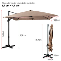 Sombrilla 300 cm para Patio con Manivela 3 Inclinaciones Rotación a 360° 8 Varillas Base Cruzada Parasol de Exterior Café