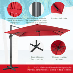 Sombrilla 300 cm para Patio con Manivela 3 Inclinaciones Rotación a 360° 8 Varillas Base Cruzada Parasol de Exterior Rojo Vino