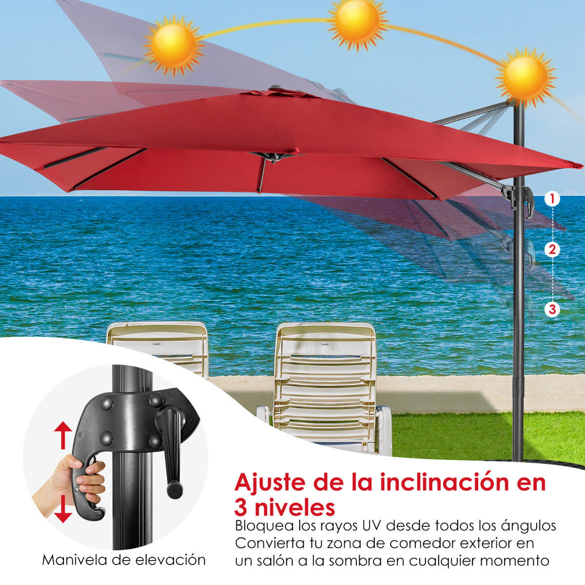 Sombrilla 300 cm para Patio con Manivela 3 Inclinaciones Rotación a 360° 8 Varillas Base Cruzada Parasol de Exterior Rojo Vino