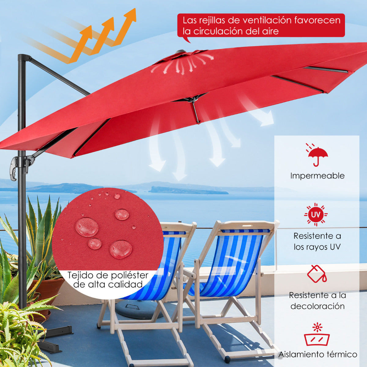 Sombrilla 300 cm para Patio con Manivela 3 Inclinaciones Rotación a 360° 8 Varillas Base Cruzada Parasol de Exterior Rojo Vino
