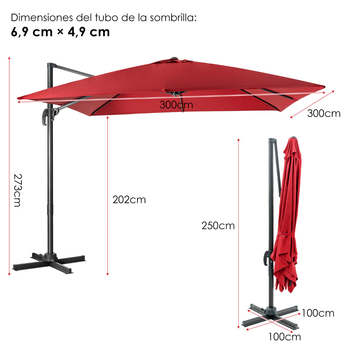 Sombrilla 300 cm para Patio con Manivela 3 Inclinaciones Rotación a 360° 8 Varillas Base Cruzada Parasol de Exterior Rojo Vino