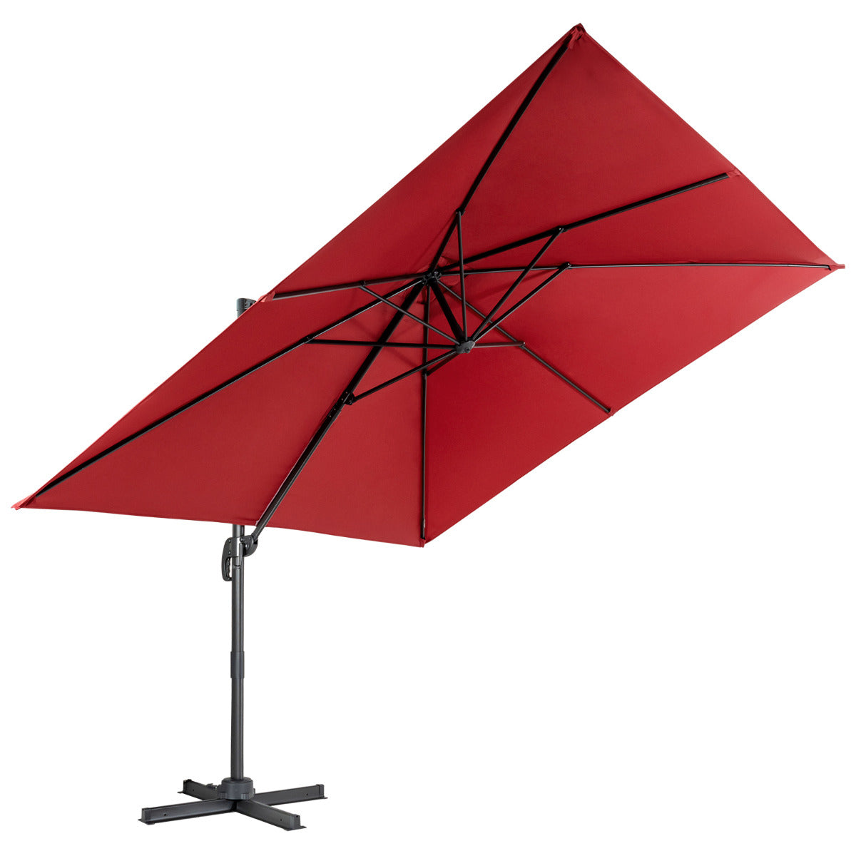 Sombrilla 300 cm para Patio con Manivela 3 Inclinaciones Rotación a 360° 8 Varillas Base Cruzada Parasol de Exterior Rojo Vino