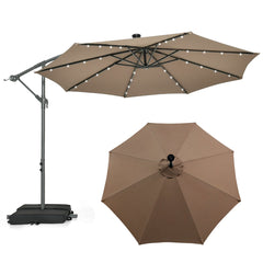 3 m Sombrilla con Manivela 32 Luces LED Panel Solar Parasol Base Saco de Arena Toldo Impermeable para Playa Patio Jardín Piscina Marrón