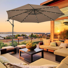 3 m Sombrilla con Manivela 32 Luces LED Panel Solar Parasol Base Saco de Arena Toldo Impermeable para Playa Patio Jardín Piscina Marrón