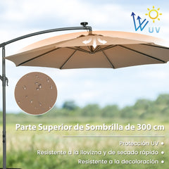 3 m Sombrilla con Manivela 32 Luces LED Panel Solar Parasol Base Saco de Arena Toldo Impermeable para Playa Patio Jardín Piscina Marrón