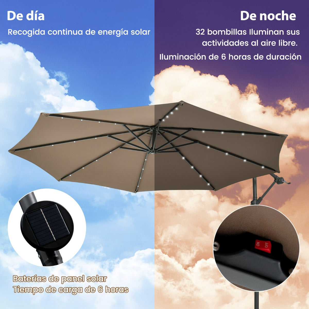 3 m Sombrilla con Manivela 32 Luces LED Panel Solar Parasol Base Saco de Arena Toldo Impermeable para Playa Patio Jardín Piscina Marrón