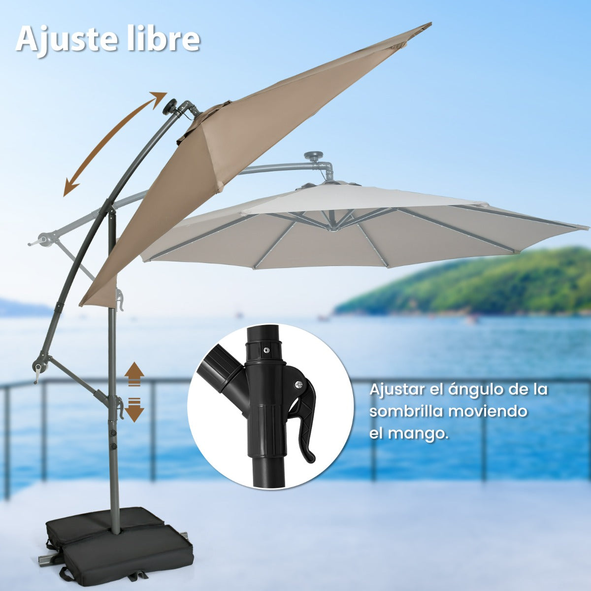 3 m Sombrilla con Manivela 32 Luces LED Panel Solar Parasol Base Saco de Arena Toldo Impermeable para Playa Patio Jardín Piscina Marrón