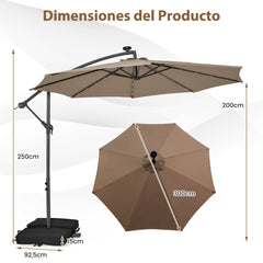 3 m Sombrilla con Manivela 32 Luces LED Panel Solar Parasol Base Saco de Arena Toldo Impermeable para Playa Patio Jardín Piscina Marrón
