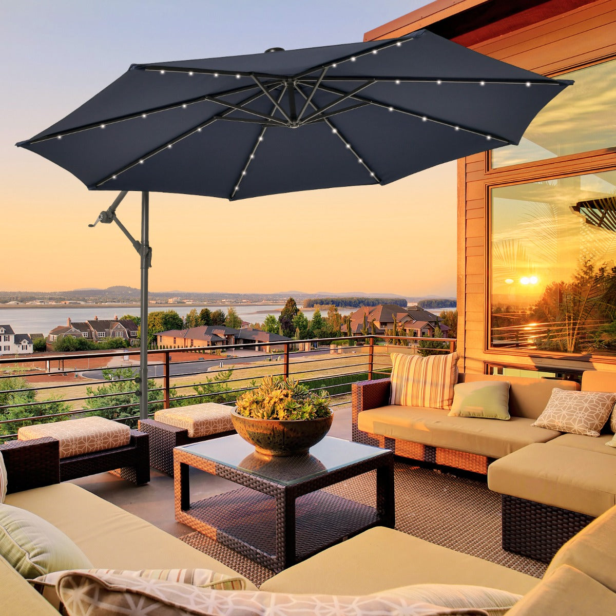 3 m Sombrilla con Manivela 32 Luces LED Panel Solar Parasol Base Saco de Arena Toldo Impermeable para Playa Patio Jardín Piscina Azul