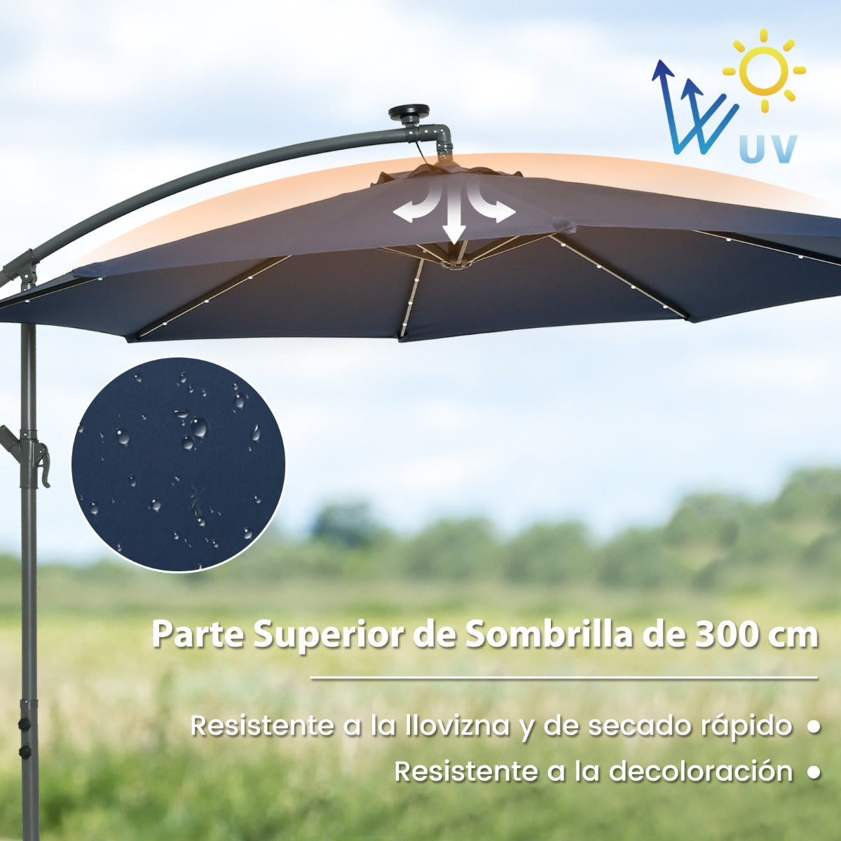 3 m Sombrilla con Manivela 32 Luces LED Panel Solar Parasol Base Saco de Arena Toldo Impermeable para Playa Patio Jardín Piscina Azul