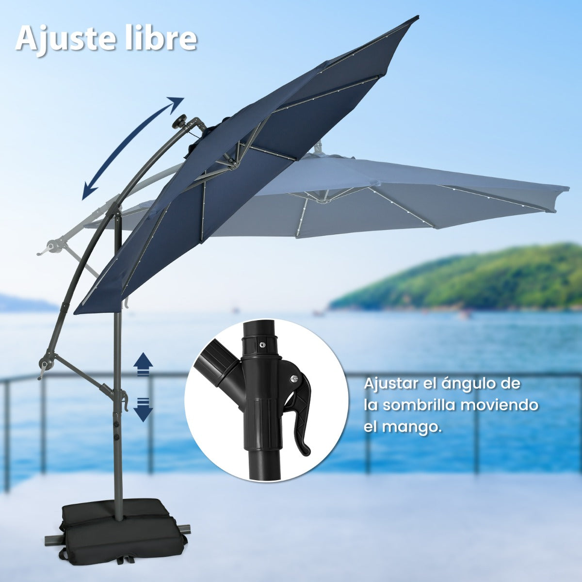 3 m Sombrilla con Manivela 32 Luces LED Panel Solar Parasol Base Saco de Arena Toldo Impermeable para Playa Patio Jardín Piscina Azul