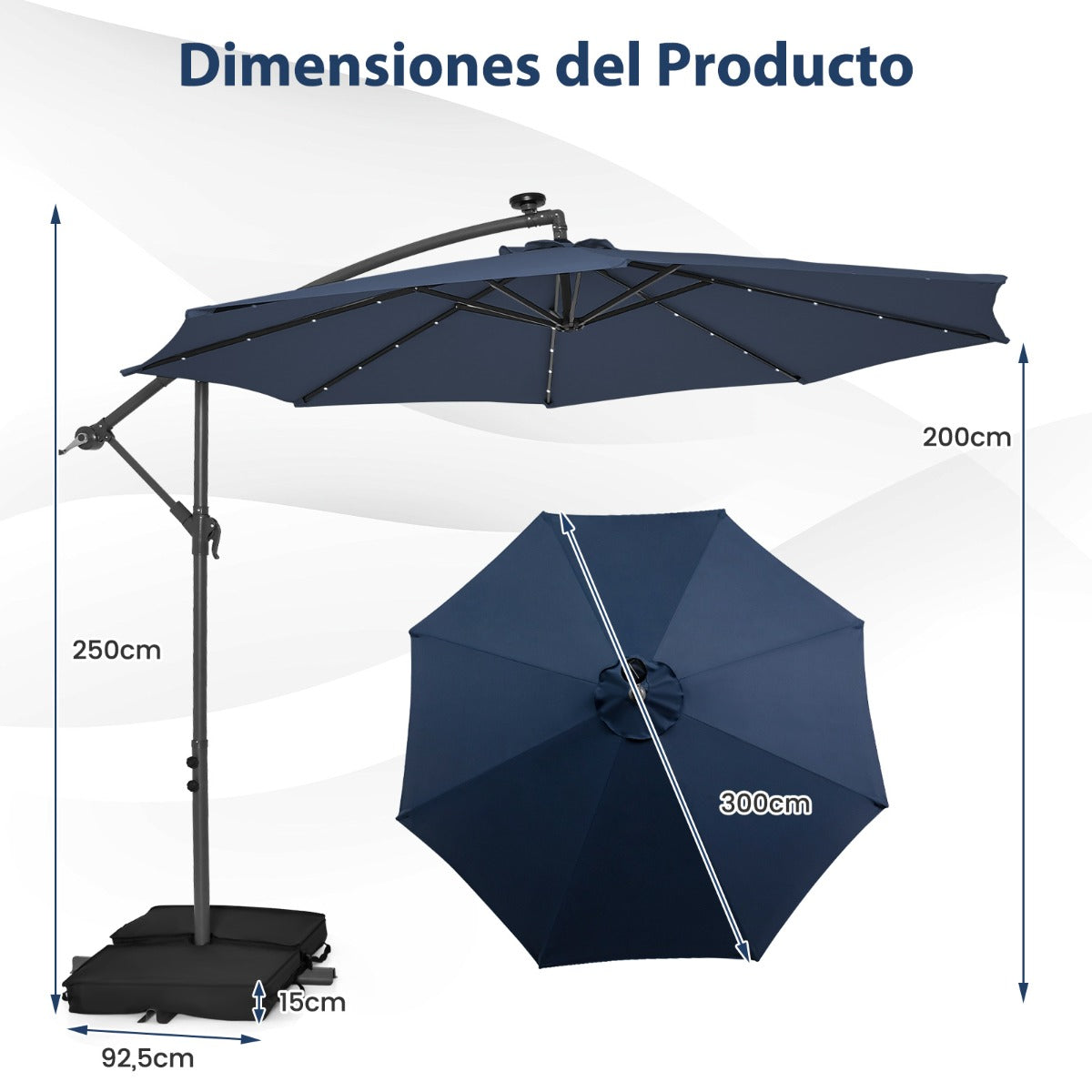 3 m Sombrilla con Manivela 32 Luces LED Panel Solar Parasol Base Saco de Arena Toldo Impermeable para Playa Patio Jardín Piscina Azul