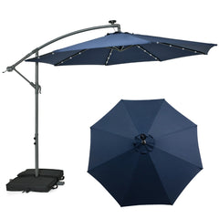 3 m Sombrilla con Manivela 32 Luces LED Panel Solar Parasol Base Saco de Arena Toldo Impermeable para Playa Patio Jardín Piscina Azul