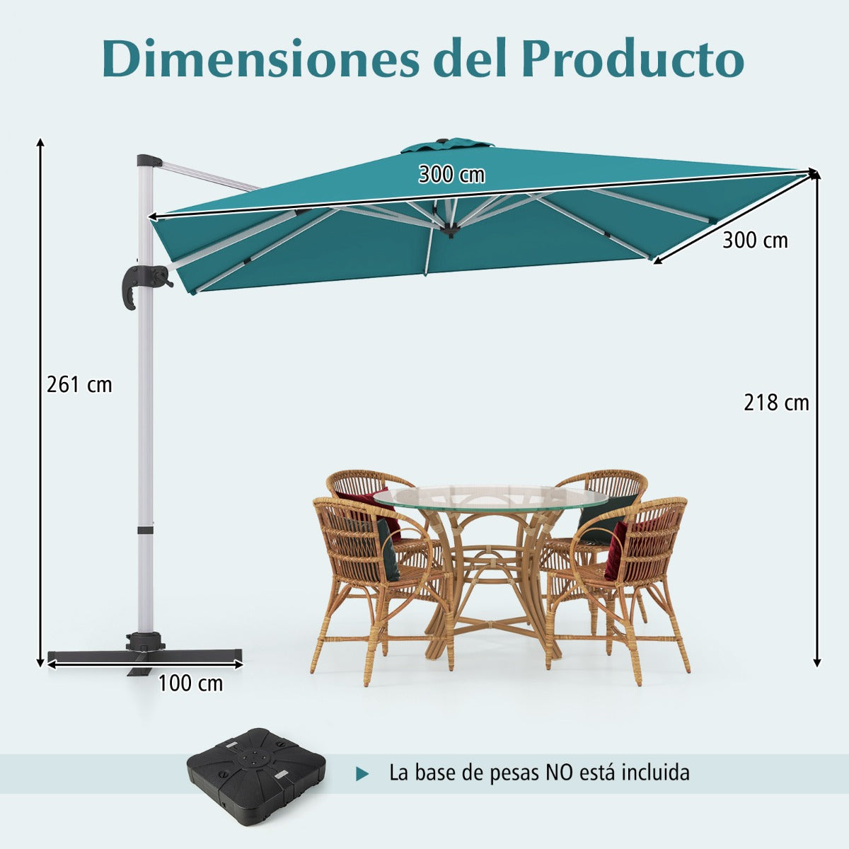 Sombrilla 3 m Cuadrada de Aluminio con Rotación de 360° Inclinación Ajustable Resistente al Viento para Patio Piscina Terraza Azul